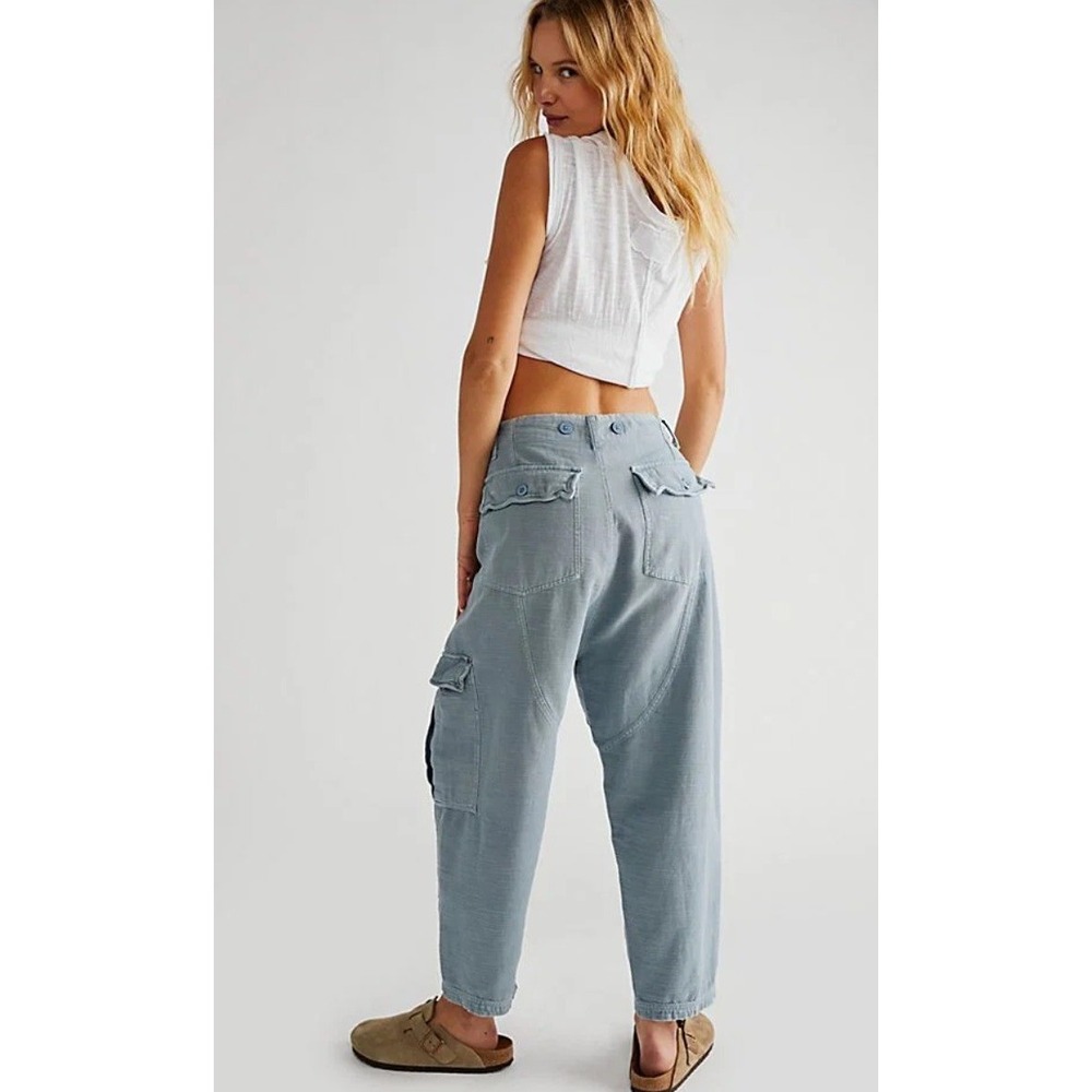 Free People Blue Grey Slub Texture Utility Cargo Pants XS Relaxed Tapered Leg - Picture 2 of 13